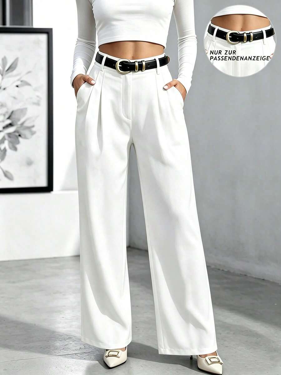 Women's Solid Color Pocket Draped Button Casual Wide Leg Long Pants - White - View 1