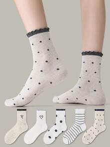 ZUJO 5 Pairs Gray And White Women's Mid-Calf Socks, Bow, Polka Dot, Stripe, Heart Pattern Short Socks, Simple And Comfortable, Suitable For Spring, Autumn, Winter Wear, Random Color Shipment - Multicolor - View 3