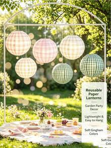 6pcs Colorful Plaid Round Paper Lanterns, Suitable For Bachelorette Party, Birthday Party, Outdoor Activities, Camping, Wedding, Home Decor - Multicolor - View 6
