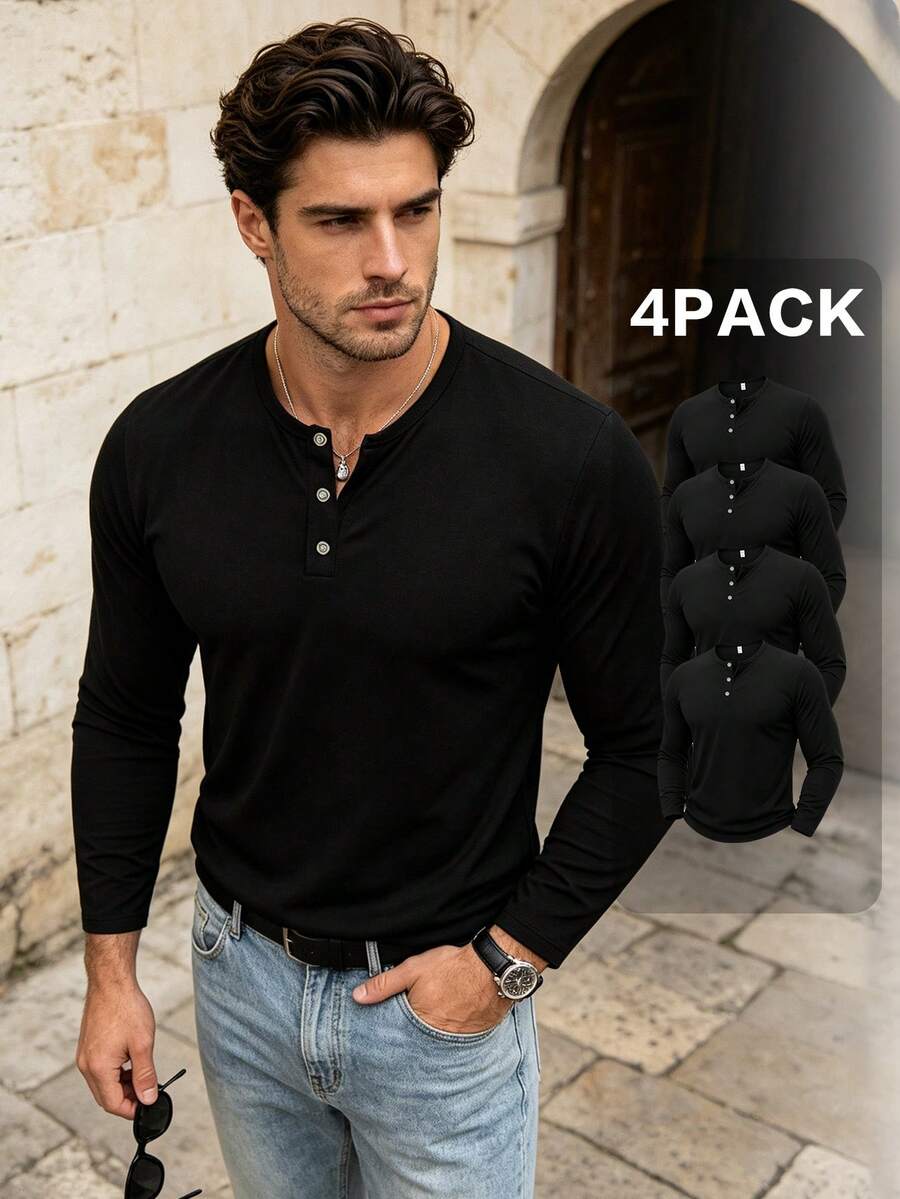 Men's Spring/Autumn New Casual Minimalist Henley Collar Long Sleeve Tops 4pcs Set, Suitable For Daily Commute And Vacation Wear - Black - View 1
