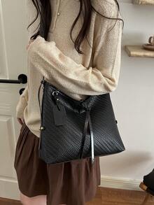 Women's Large Capacity Shoulder Bag, Woven Pattern Commuter Versatile Tote Bag With Decorative Charm - Black - View 6