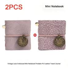 `2‑Pack Retro Lace Embossed PU Leather Pocket Notebook, Mini Portable Travel Journal With Watch Pendant Decor, Vintage Diary Notepad For Handmade Junk Journal` - Multicolor - View 2
