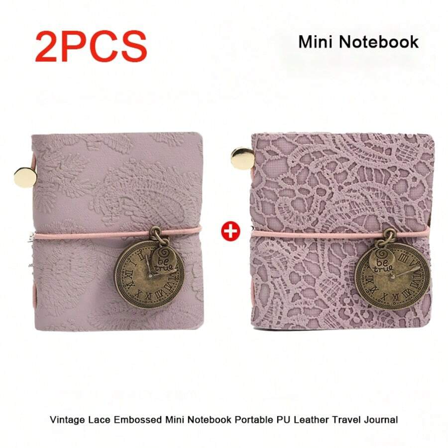 `2‑Pack Retro Lace Embossed PU Leather Pocket Notebook, Mini Portable Travel Journal With Watch Pendant Decor, Vintage Diary Notepad For Handmade Junk Journal`