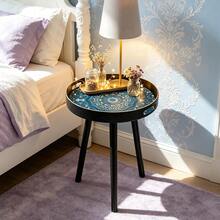 Bohemian Round Side Table,Plastic With Handles,Blue Maze Pattern Side Table,Modern Vanity And Serving For Ottoman,Coffee Table,Kitchen And Bathroom,Small Home Furniture,For Living Room,Bedroom,Balcony,Ideal Holiday Housewarming Gift - Black - View 2