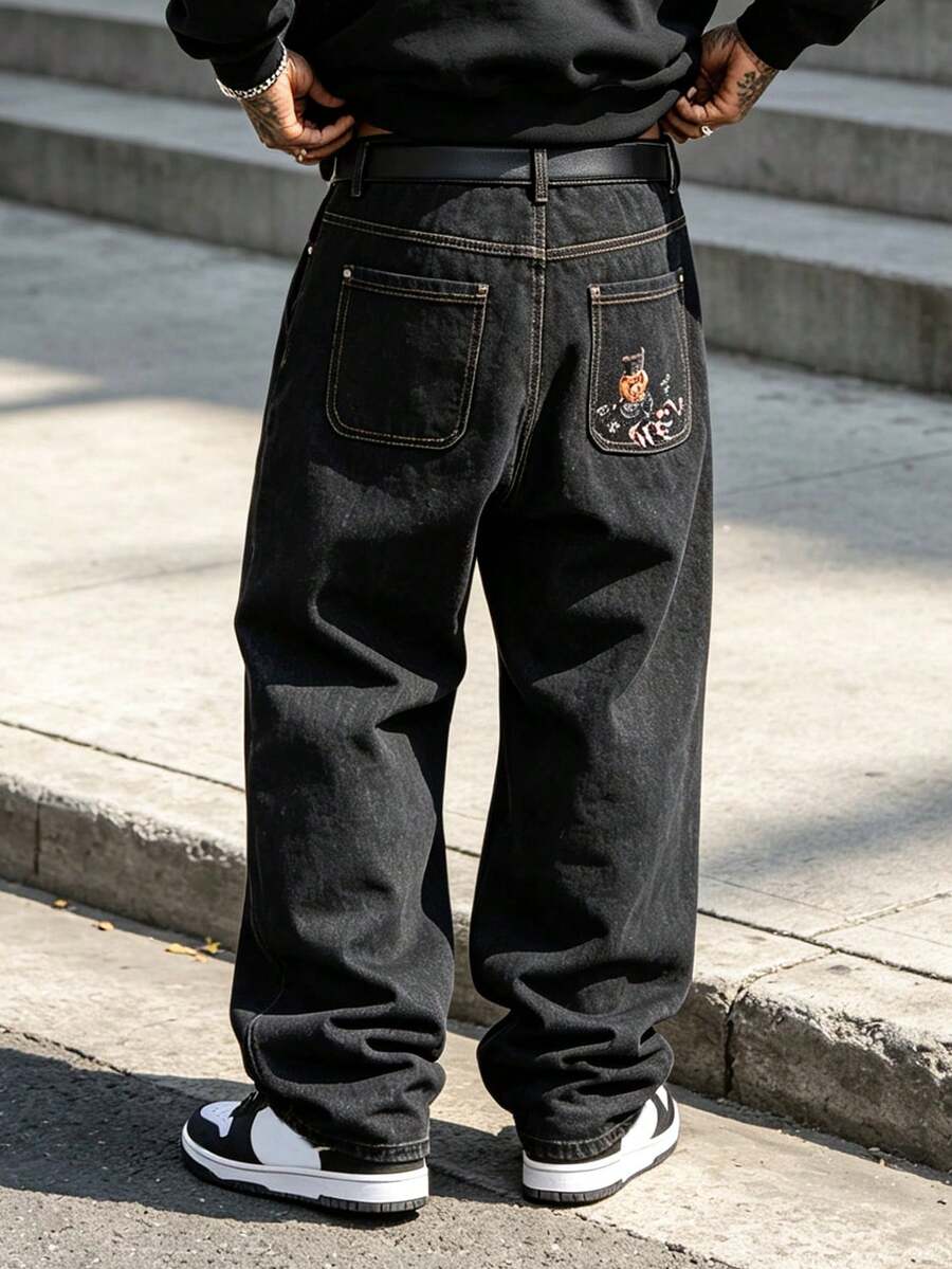 Men's New Embroidered Loose Straight Leg Jeans, Hip Hop Style Denim Pants, Suitable For Men And Boys - Black - View 1