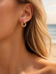 Women's Gold Stainless Steel Earring Set, Geometric Hoop Earrings And Studs, Vintage Personalized Jewelry, Suitable For Daily Wear And Parties - Gold - View 3