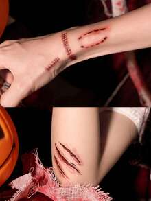 20pcs Halloween Temporary Tattoo Stickers, Matte Non-Reflective Realistic Blood Scar Stitch Wound Fake Tattoos, Waterproof Body Art Stickers For Halloween Costume Party Makeup - Red - View 3