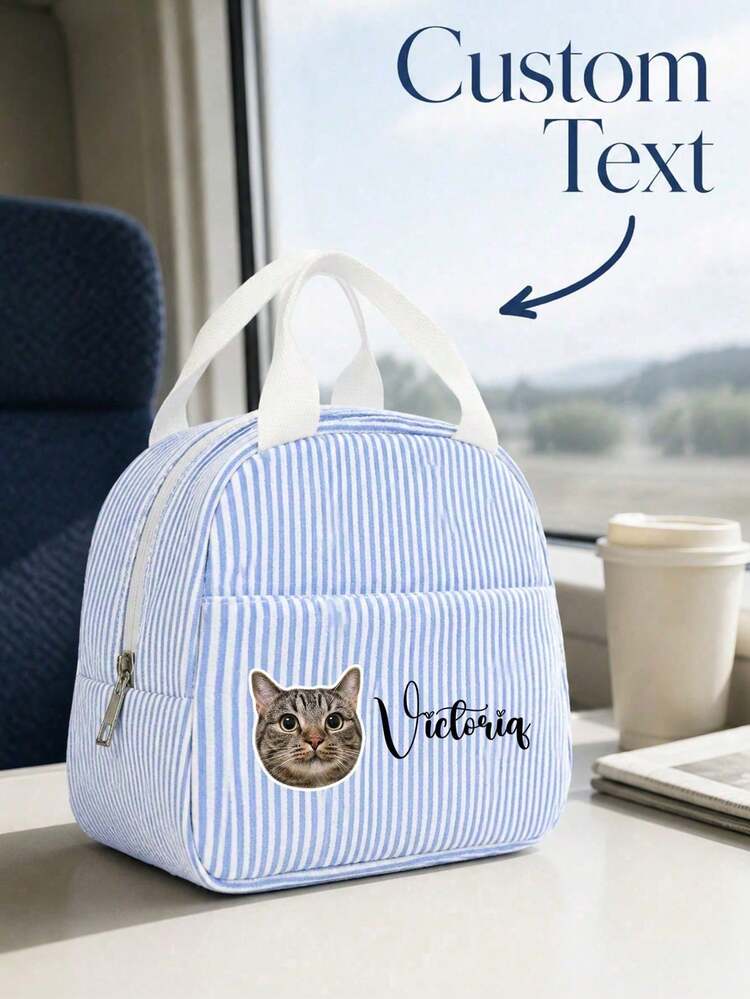 Personalized Pet Photo Lunch Bag, Custom Name Striped Lunch Tote, Dog Cat Picture Food Storage Bag, Portable Zipper Lunch Carrier, Custom Gift - Multicolor - View 3