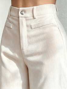 1pc Yaxuan Solid Color Polyester High Waist Loose Wide Leg Pants, Button Pockets Zipper Closure Trousers, Suitable For Daily, Commute, Spring/Summer/Autumn - Deep Apricot Color - View 3