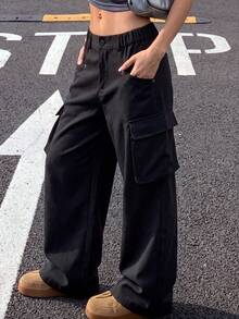 Knot & Curve Women's Cargo Pants, All-Season Wear, Semi-Elastic Waist, Large Patch Pockets With Rivet Button Decor, Loose Drape Casual Wide Leg Pants - Black - View 1