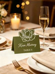 Customized Paper Name Wedding Place Cards, Olive Green Floral Die-Cut Tent Style Table Name Cards, Wedding Banquet Reception Party Table Decor, Suitable For Wedding Banquet, Dinner Party Table Decoration - Multicolor - View 3
