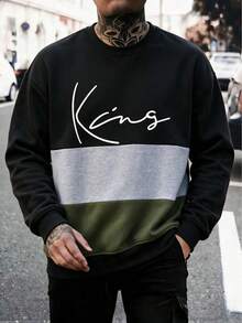 Men's Autumn/Winter Minimalist English Print Patchwork Loose Drop Shoulder Crew Neck Sweatshirt - Black - View 3