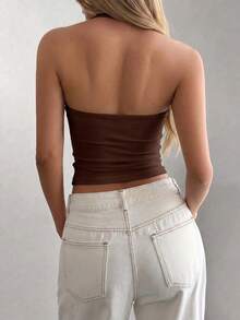 Women's Summer Casual Retro Hot Girl Style Solid Color Halter Top, Suitable For Streetwear And Commuting Brown - Brown - View 2
