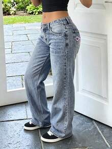 Women's Washed Straight Leg Jeans, Elegant Non-Stretch Woven Fabric, Button And Pocket Detail Design, Suitable For Party Wear, Autumn/Winter - Baby Blue - View 5