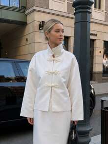 Women's Autumn Elegant New Chinese Style Stand Collar Frog Button Short Jacket, Loose Wide Sleeve Casual Jacket - White - View 5