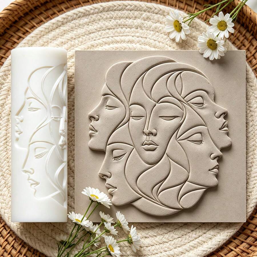 1Pc Abstract Female Face Texture Roller, Woman Profile Pattern Clay Embossing Roller, DIY Handmade Earring Pendant Jewelry Craft Supplies