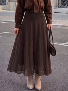 Yepolly-Pop Women's Spring/Summer High-Waist Ruched A-Line Long Skirt, Flowy Olive Green, Parisian Street Style, Elegant Back-To-School Outfit - Chocolate Brown - View 2