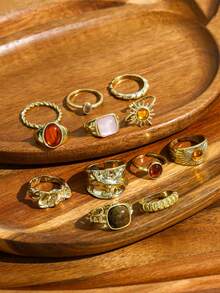 12PCS American Vintage Distressed Metal Rings, Sun Shape Colorful Faux Gemstone Rhinestone Studded Rings, Asymmetrical Texture Multi-Piece Set Stackable Layered Index Finger Rings For Women - Gold - View 1