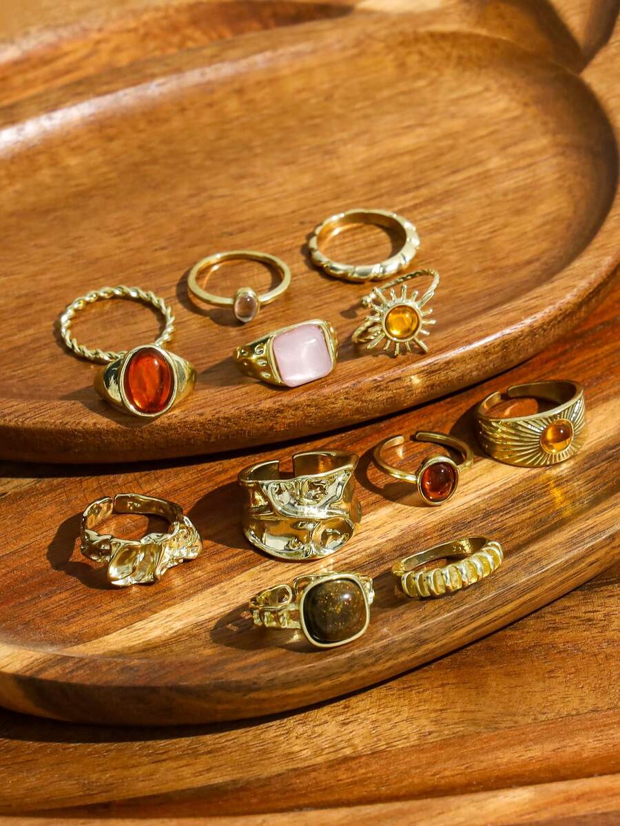12PCS American Vintage Distressed Metal Rings, Sun Shape Colorful Faux Gemstone Rhinestone Studded Rings, Asymmetrical Texture Multi-Piece Set Stackable Layered Index Finger Rings For Women - Gold - View 1