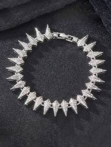 Hip Hop Full Rhinestone Cone Necklace & Bracelet Set, Unisex Rivet Style Studded Chain, Shiny Heavy-Duty Cool Accessories, Street Rap Party Outfit Holiday Gift Jewelry - Spiky Necklace Set - View 5