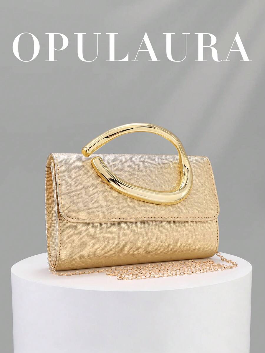 OpulAura復古純色手拿包,百搭小手提包,時尚PU女款包,適合婚禮、派對、舞會、晚餐及其他場合 - 金色 - 查看 1