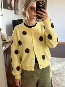 Cardigan Polkadot Vintage Wanita, Sweater Lengan Panjang Leher Bulat Kancing Depan, Cocok untuk Musim Gugur/Musim Dingin - Kuning - View 12