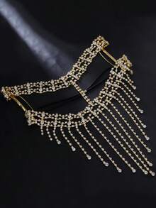 1pc Exotic Gold Rhinestone Tassel Face Chain, Hollow Mesh Chain Face Mask Headpiece, Ball Party Photography Atmosphere Headwear, Vintage Glamorous Heavy Rhinestone Head Chain, Stage Photo-Worthy Styling Accessory - Gold - View 4