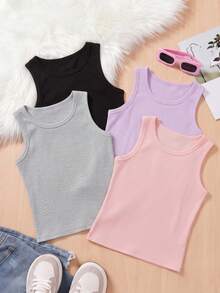 4 piezas de camisetas sin mangas acanaladas de colores aleatorios para niñas, camisetas básicas sin mangas de unicolor, top casual de verano para uso diario - Multicolor - Ver 4