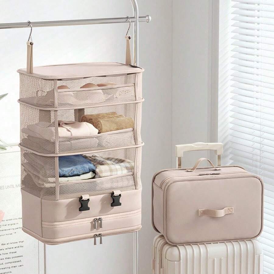 Large Capacity Foldable Hanging Storage Bag, Portable Travel Clothing Organizer Box With Hooks, Suitable For Wardrobe And Luggage - Multicolor - View 1