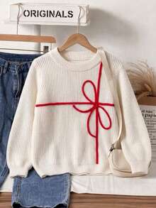 Girls' Minimalist Solid Color Bow Embroidered Knit Pullover Sweater, Suitable For Daily Casual Wear In Spring, Autumn And Winter - Apricot - View 3