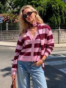 Áo cardigan len nữ cổ chữ V kẻ sọc hồng nâu, tay dài, chi tiết dệt gân, kèm khăn quàng, co giãn vừa, kiểu chui đầu - Nâu hồng - Xem 5