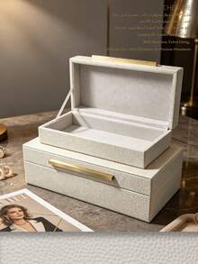2pcs Large And Small Litchi Texture PU Leather Jewelry Box With Lid, Cream White Rectangular, Matte Gold Zinc Alloy Bar Handle, Luxury Jewelry Storage Box, Vanity Bedroom Room Decor Holiday Gift - Off White - View 4