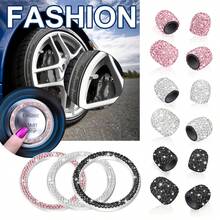 5pcs Sparkling Rhinestone Car Accessories Set: 1pc Double Row Engine Start Button Ring & 4pcs Crystal Tire Valve Stem Caps, Suitable For Women - 2-piece Valve Stem & Start Ring Set - View 3