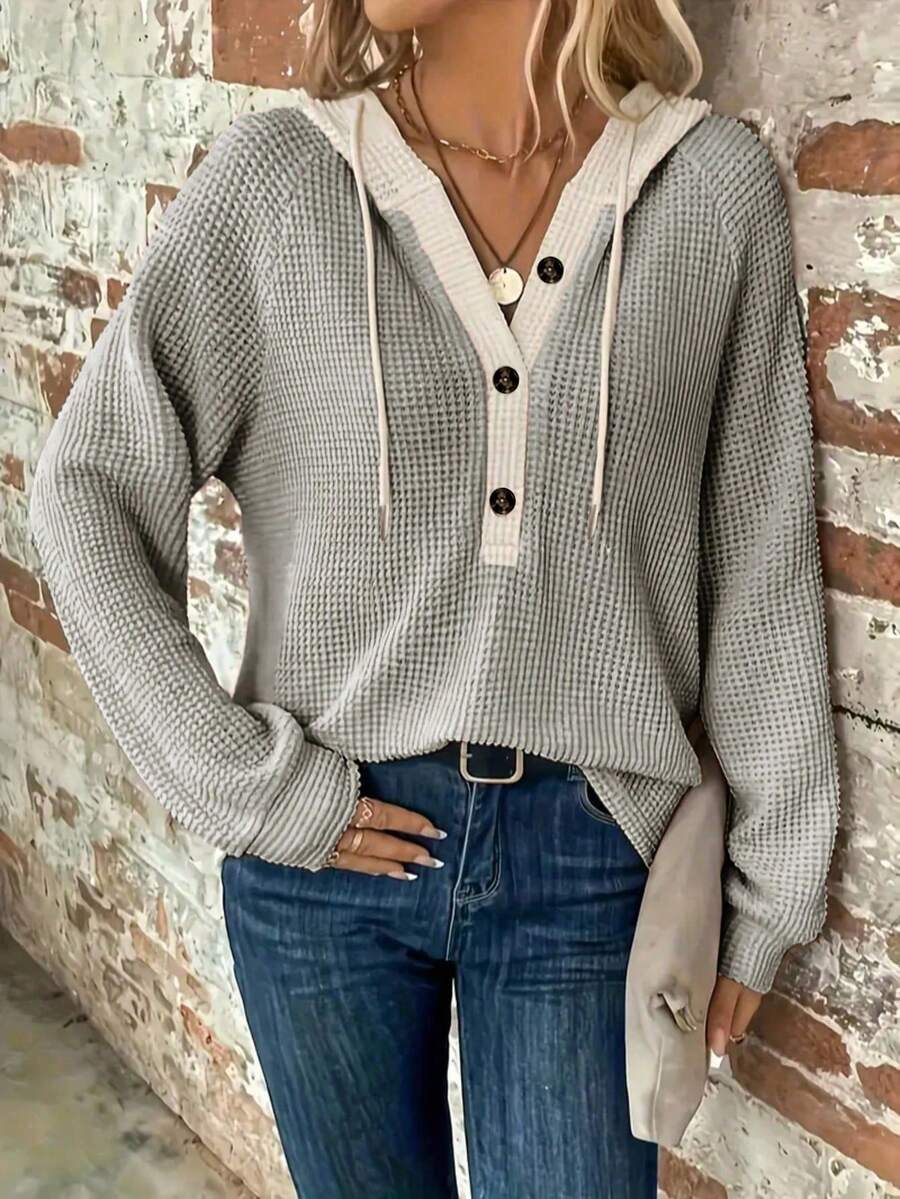 Plus Size Women's Waffle Knit Long Sleeve Hooded Top With Drawstring And Button Details, Slim Fit Regular Length Pullover, Suitable For Daily Wear