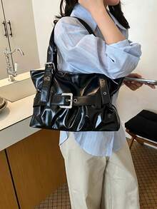 Tas Tote Lipit Polkadot Hitam, Tas Bahu Kapasitas Besar dengan Kantong Resleting Samping, Cocok untuk Sekolah dan Perjalanan Sehari-hari - Hitam - View 4
