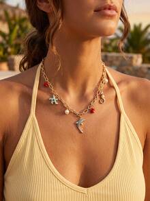 Nooxian 1pc Vintage Gold Chain Ocean Style Multi-Pendant Necklace For Women, Dolphin, Starfish, Seahorse Enamel Colorful Niche Design Collarbone Chain - Yellow Gold - View 2