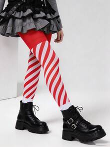 1雙女款紅白斜條紋褲襪，大膽條紋圖案，適合派對、假日與節慶穿搭 - 紅色 - 查看 5