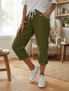 Jisfaneya Women's Plus Size Casual Solid Color Capri Pants, Elastic Waistband With Drawstring And Pockets - Army Green - View 1