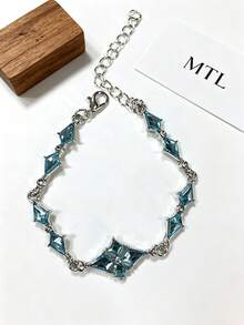 1pc Silver Tone Blue Rhombus Crystal Clover Bracelet, Hypoallergenic Four-Leaf Clover Chain Bracelet, Dainty Stackable Party Jewelry Gift For Women - Blue Crystal Four-leaf Clover Bracelet - View 5