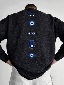 Men's Spring/Autumn Back Eye Print Faux-Washed Drop Shoulder Loose Fit Crew Neck Long Sleeve T-Shirt - Black - View 1