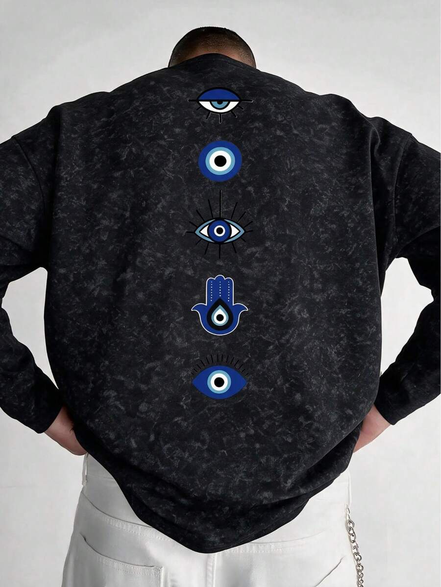 Men's Spring/Autumn Back Eye Print Faux-Washed Drop Shoulder Loose Fit Crew Neck Long Sleeve T-Shirt - Black - View 1