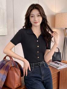 Fashionable Polo Collar Raglan Short Sleeve Knit T-Shirt For Women, Spring/Summer New Lightweight Casual Cardigan Top Black Fall - Black - View 2
