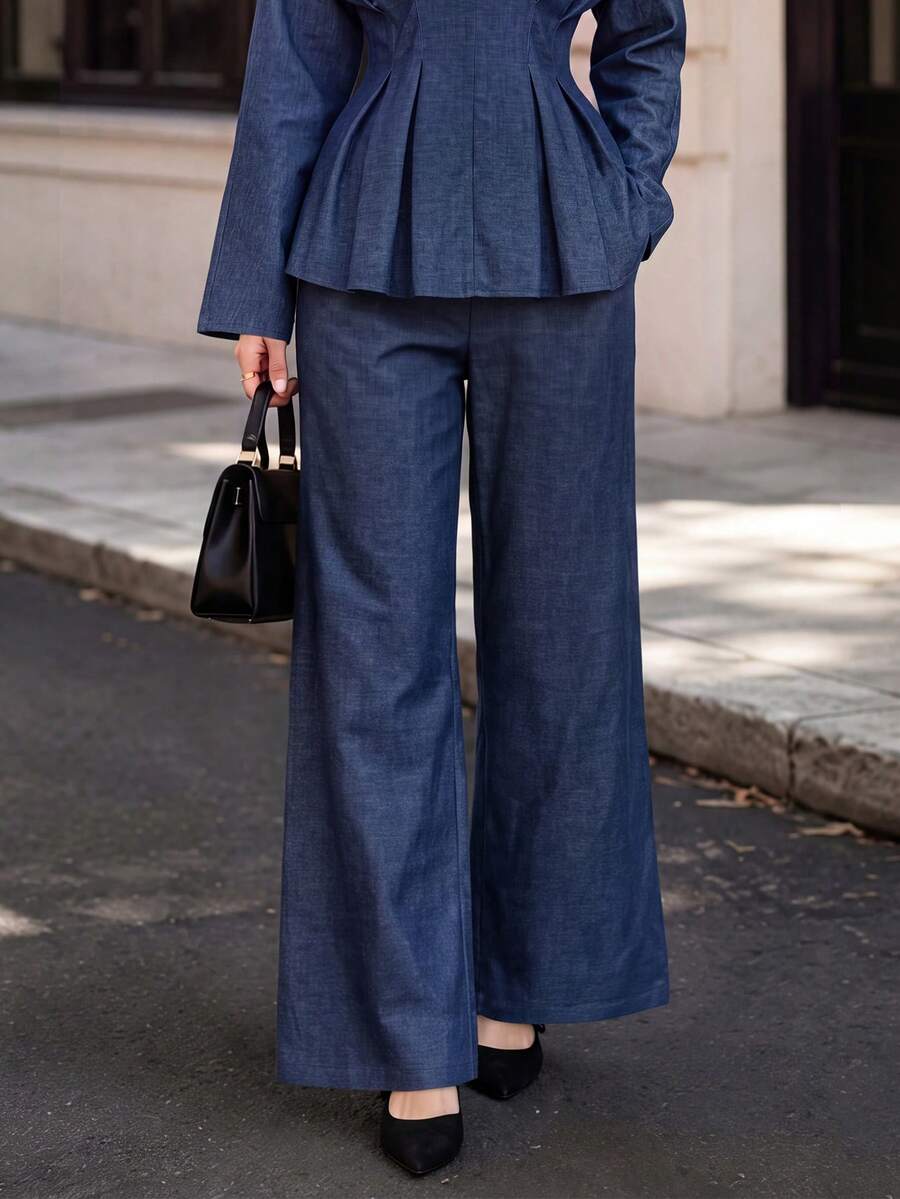 Women's Autumn High Waist Wide Leg Denim Jeans, Casual Straight Leg Pants - Blue - View 1