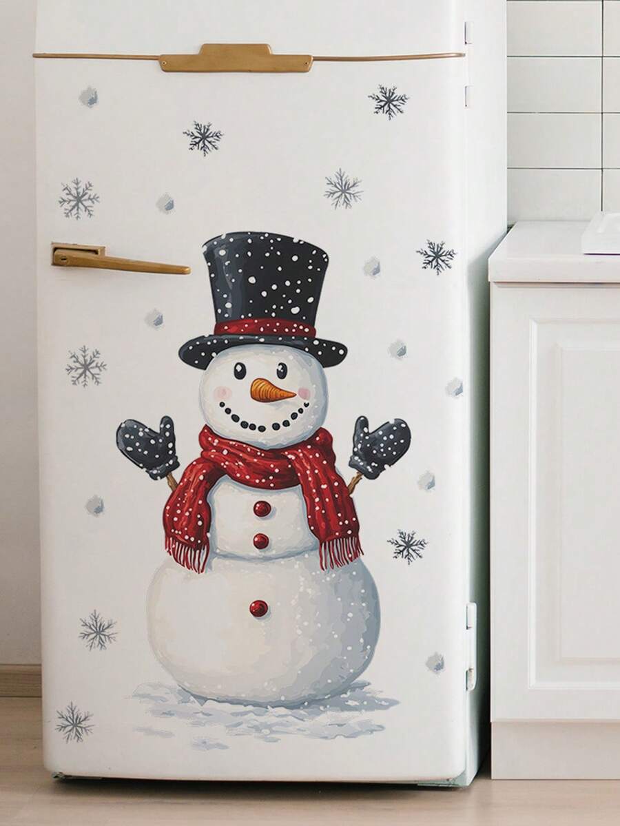 Self-Adhesive Snowman & Snowflake Wall Stickers, Removable PVC Plastic Decals With Cute Snowman, Red Scarf And Snowflakes, Asymmetrical Cut, Suitable For Doors, Mirrors, Peel And Stick Christmas Winter Decor - Multi-color - View 1