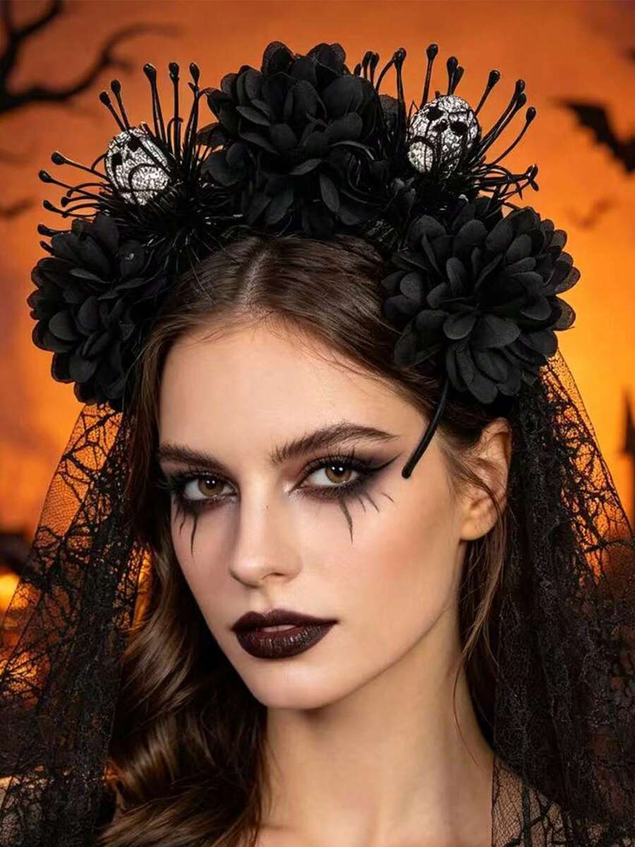 Halloween Skeleton Headband With Real Petal Silk Veil, Women's Headpiece For Halloween Party - Headpiece - View 1