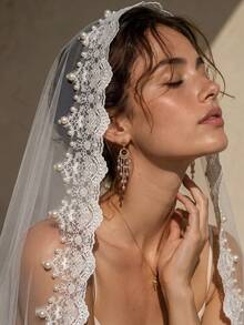 1pc Single Layer Mantilla Bridal Veil With Lace Trim, Handmade Faux Pearl Decor And Hair Comb, Wedding Veil - White - View 3