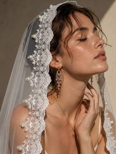 1pc Single Layer Mantilla Bridal Veil With Lace Trim, Handmade Faux Pearl Decor And Hair Comb, Wedding Veil