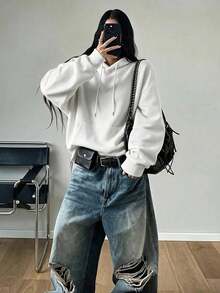 Women's White Loose Comfortable Hooded Sweatshirt, Warm Lining Drawstring Pullover, With Pockets, Suitable For Autumn/Winter Wear - White - View 8