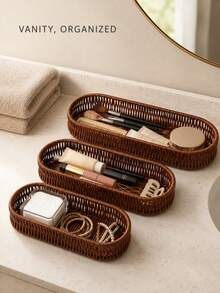 1pc Woven Rattan Storage Tray Basket, Aesthetic Home Storage Box, Suitable For Kitchen, Bathroom, Vanity, Bedroom And Office, Rectangular Desktop Organizer, Can Hold Tableware, Cosmetics, Jewelry, Snacks, Tea Bags, Keys And Daily Essentials, Autumn Winter Home Decor - Brown - View 8