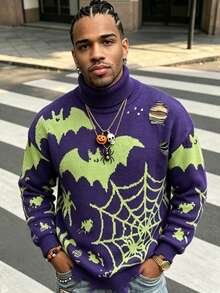 ANDREILEE Men's Halloween Sweater, Fashion Casual Bat Spider Web Funny Pattern Tassel High Neck Long Sleeve Loose Ribbed Pullover Knit Top, Autumn/Winter - Blue - View 2